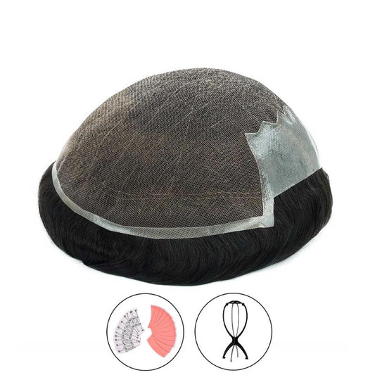 Men's Wig Swiss Lace Top and Front Thin Leather Sides and Back+Free portable wig stand