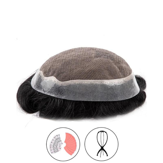 Mens Toupee Mono Top Thin Skin around Human Hair Toupee+Free portable wig stand