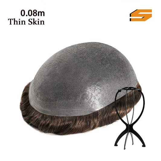[Hot Sale]0.08mm Thin Skin PU Knots Hairpiece for Men V-Loop+Free portable wig stand